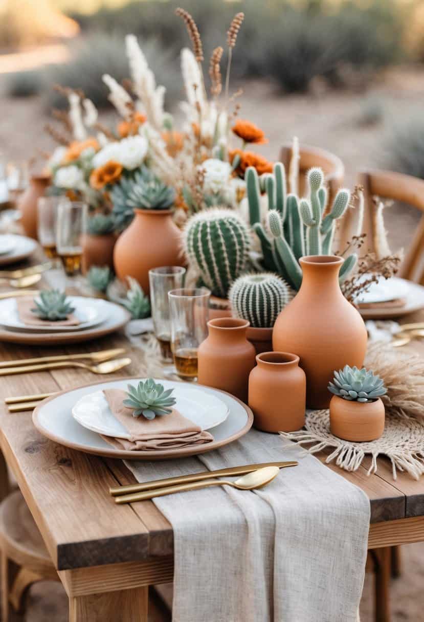 A wedding table set outdoors with terra cotta pottery, cacti, white plates, gold flatware, and natural decorative elements on a wooden table.