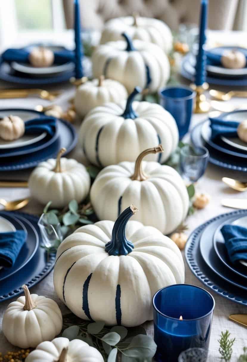 A table set with small white pumpkins painted with navy blue accents and navy blue tableware, decorated with candles and greenery.