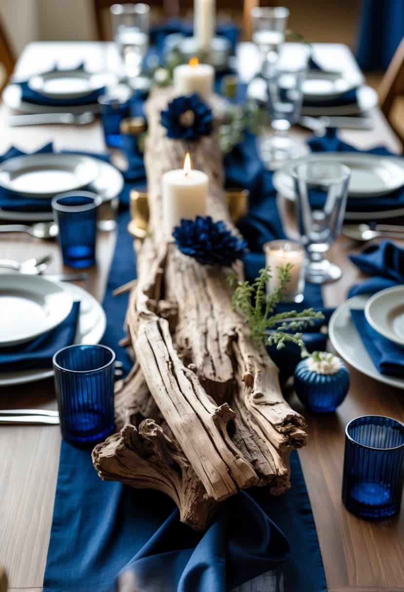 A wooden table with a driftwood centerpiece surrounded by navy blue napkins, candles, and tableware.