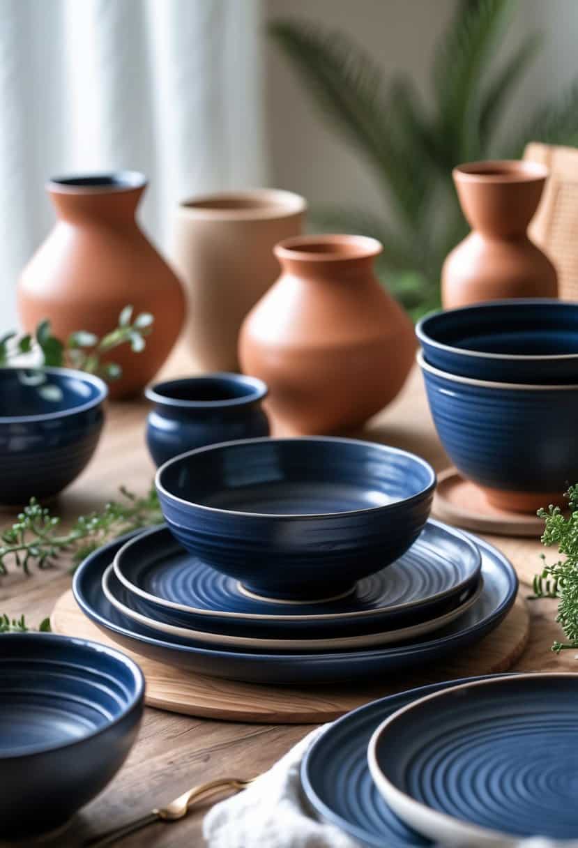 A table set with navy blue and terracotta pottery pieces including bowls, plates, and vases, arranged with greenery on a wooden surface.