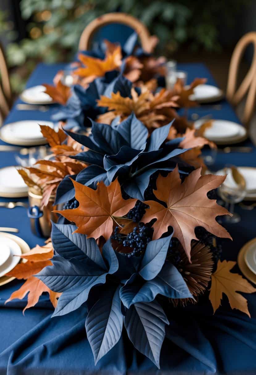 A centerpiece of navy blue and rust-colored autumn leaves arranged on a navy blue tablecloth.