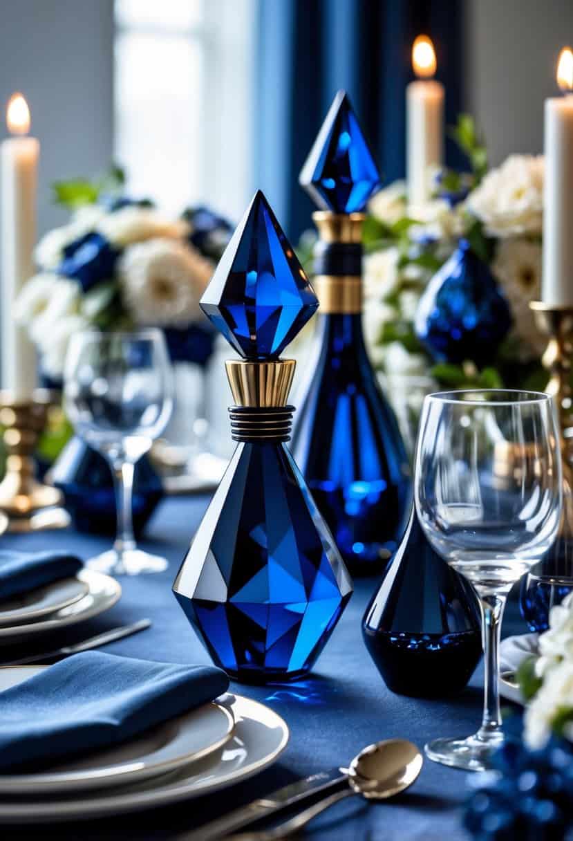 A navy blue-themed dining table with crystal wine stoppers on wine bottles surrounded by matching tableware and decorations.