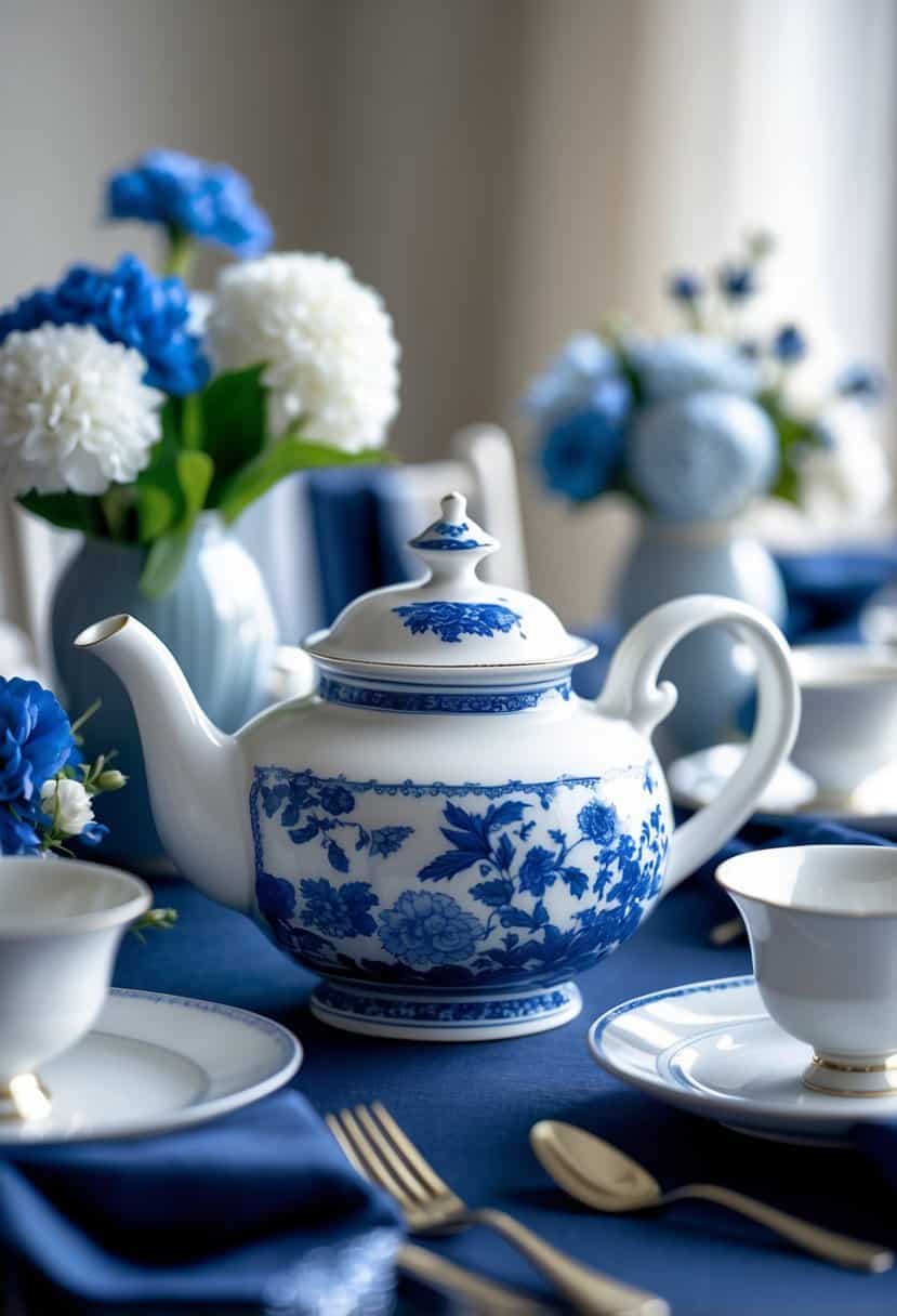 A blue and white porcelain teapot placed in the center of a navy blue dining table with matching table linens, cups, and floral decorations.