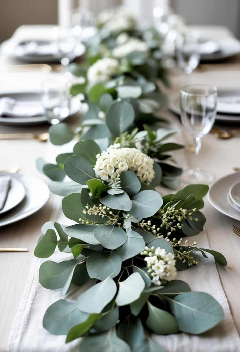 A dining table decorated with a green eucalyptus garland and white flowers running down the center.