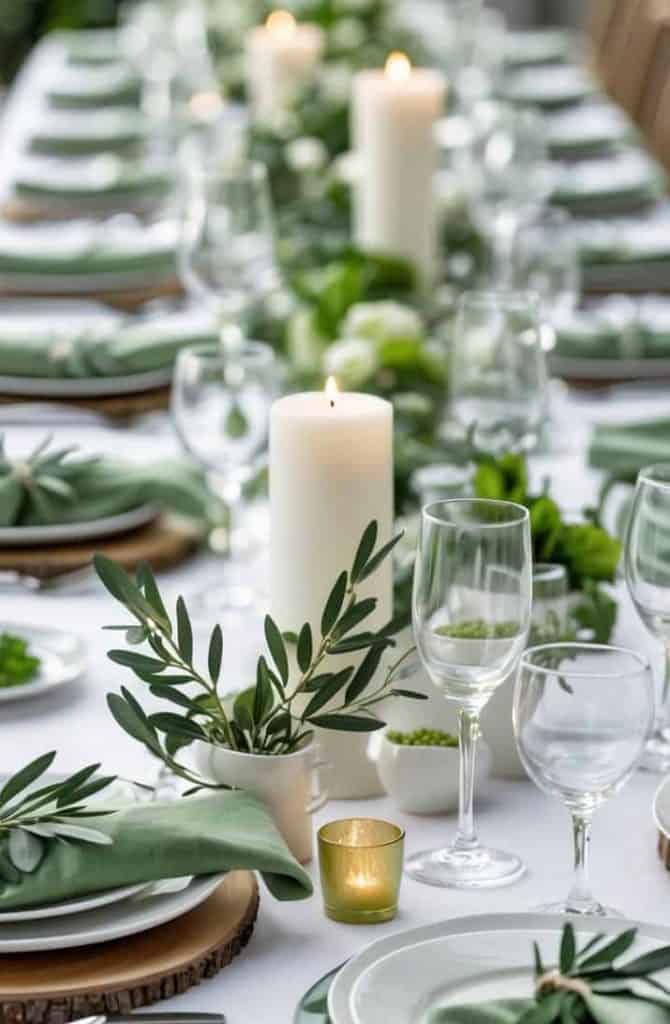Elegant table setting with green napkins, white plates, wine glasses, and candles. Greenery and small plants decorate the center of the long, white-clothed table.