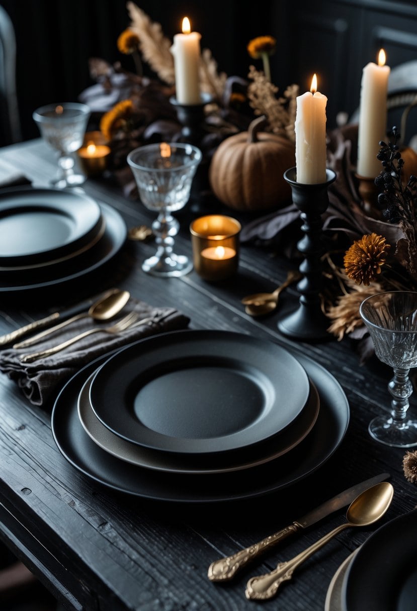 A dark wooden table set with plates, silverware, glassware, candles, and dried flowers creating a moody dining scene.