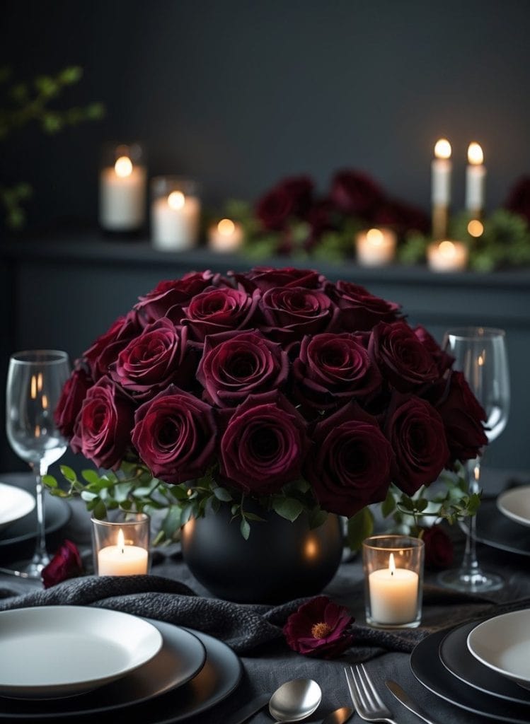 A table set for dinner with dark plates, silverware, wine glasses, and a centerpiece of dark red roses, surrounded by lit candles in a dimly lit room.