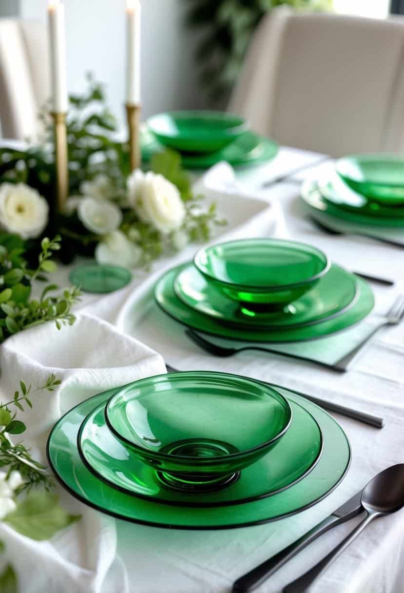 A table set with green jadeite glass dessert plates on a white tablecloth, decorated with green and white accents and fresh greenery.