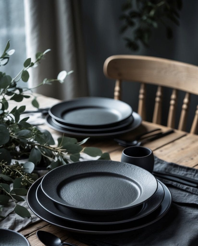 A wooden dining table set with black plates, bowls, and cutlery, decorated with greenery and a grey table runner.