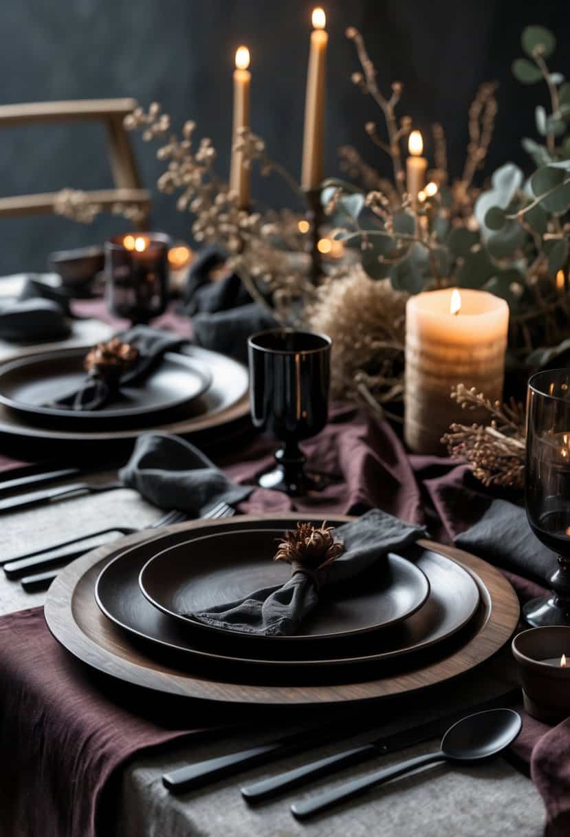 A dark wood charger plate on a table set with dinnerware, glassware, candles, and dried floral decorations.