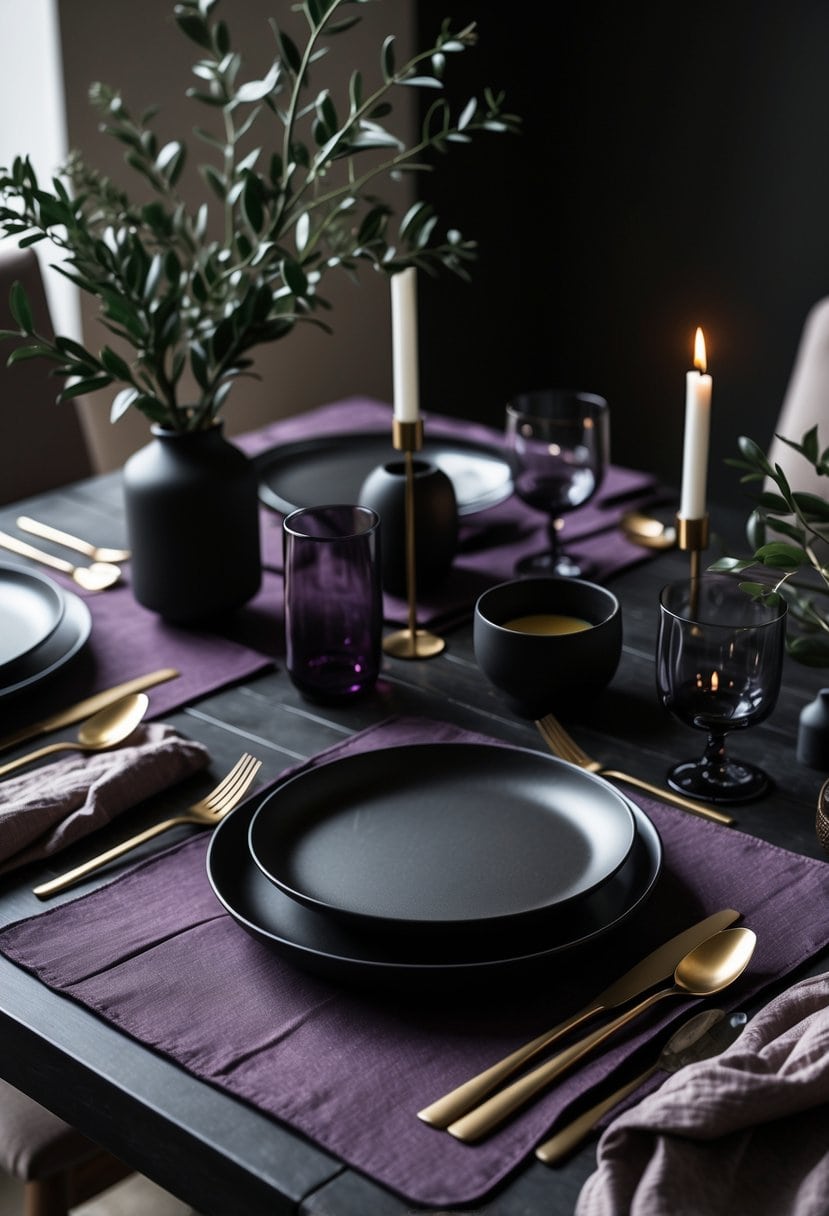 A dining table set with deep purple placemats, dark plates, gold cutlery, glassware, green foliage, and candles creating an intimate atmosphere.
