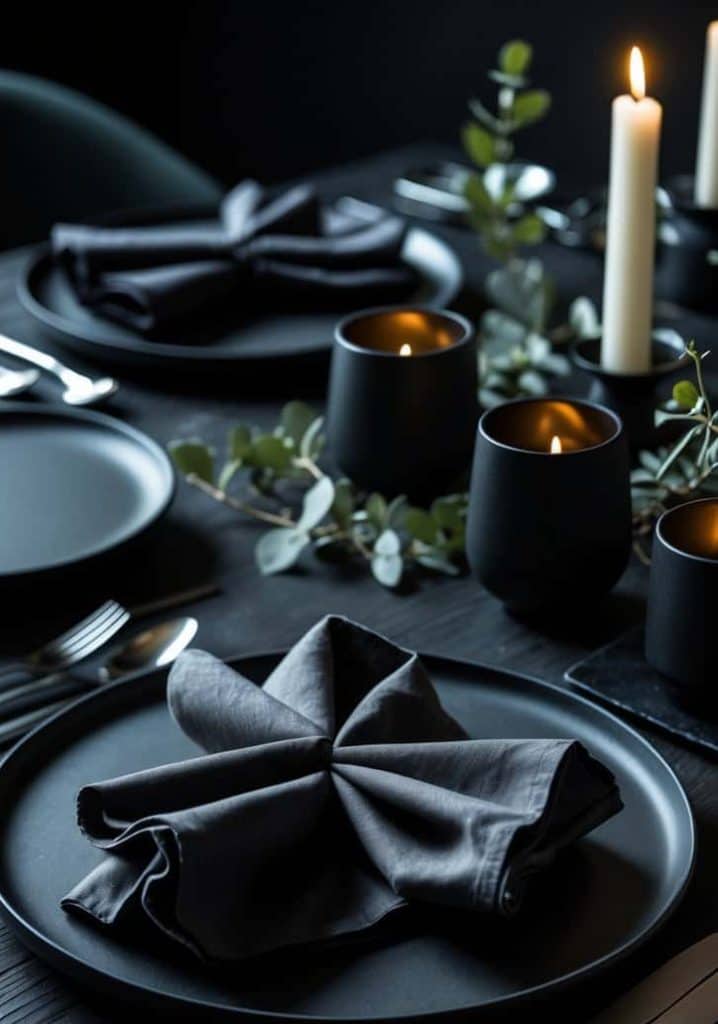 A dark, elegant table setting with black plates, folded black napkins, black cups, candles, and green foliage on a black wooden table.