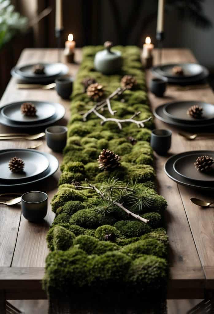 A wooden dining table set with black plates and cups, decorated with a moss table runner, pinecones, branches, and lit candles.