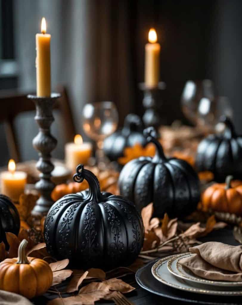 A decorated dining table with black and orange pumpkins, candles, dried leaves, wine glasses, and plates arranged for a festive autumn or Halloween meal.