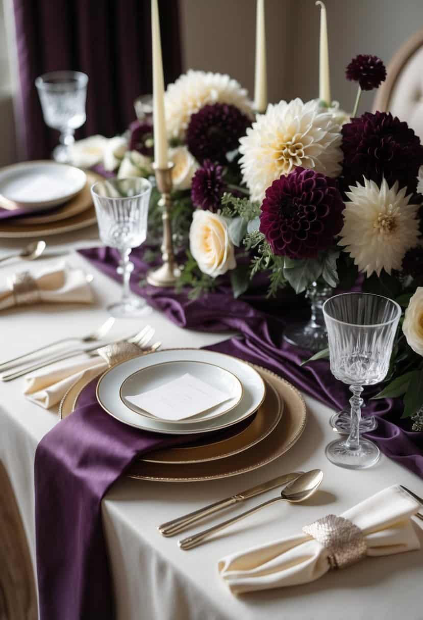 A table set with cream and deep plum tablecloths, elegant dinnerware, floral centerpieces, candles, and glassware.