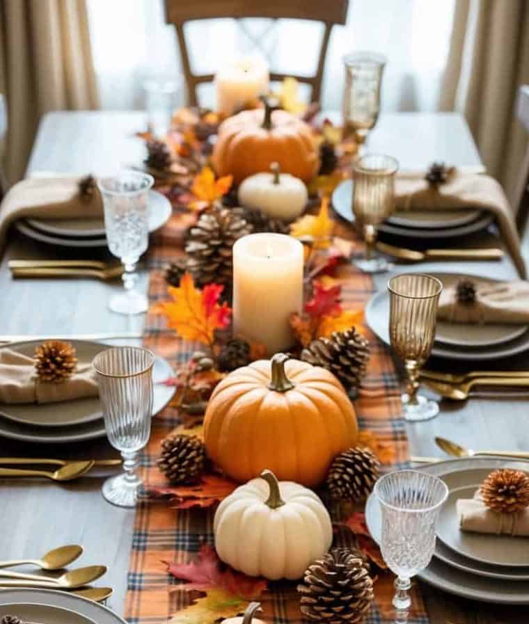 A dining table set for autumn with pumpkins, pinecones, candles, leaves, plaid runner, gold utensils, and glassware.