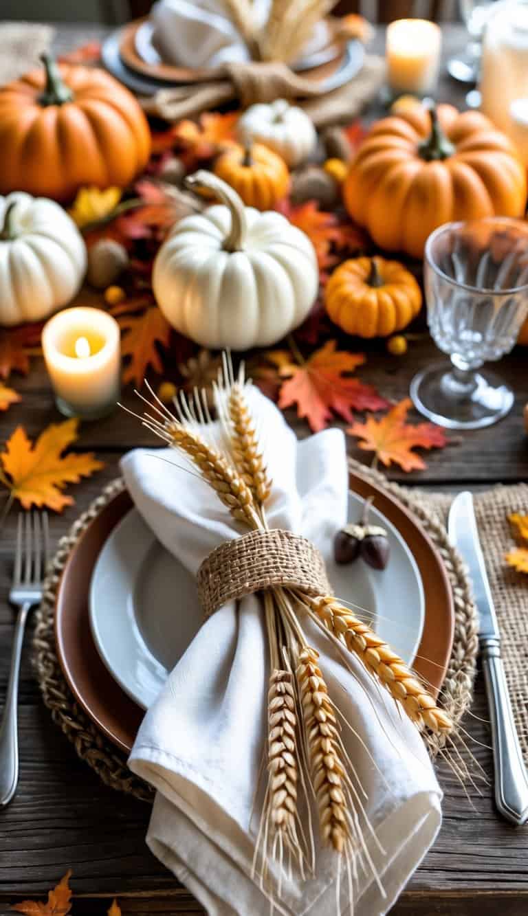 A fall table setting with wheat stalk napkin rings, pumpkins, autumn leaves, and candles on a wooden table.
