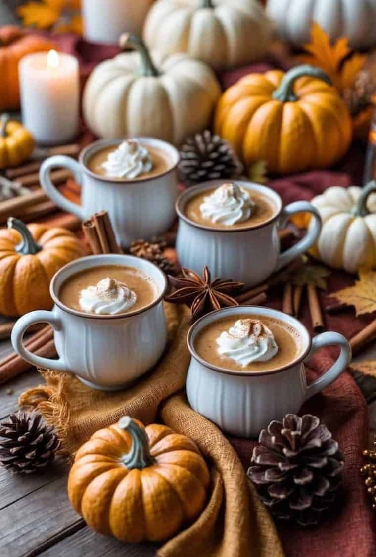Four mugs of whipped-cream topped drinks on a table with pumpkins, pinecones, candles, cinnamon sticks, and autumn leaves, creating a fall-themed setting.