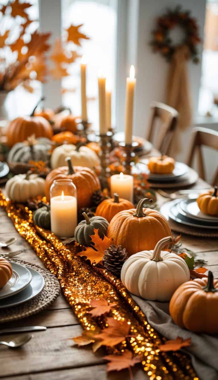 A wooden table decorated with orange and gold sequins, pumpkins, autumn leaves, candles, and rustic tableware set for a fall gathering.