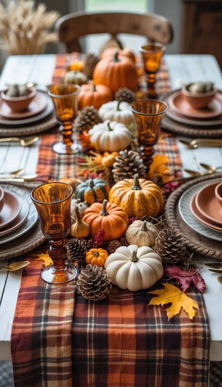 A harvest table set with a plaid flannel table runner, autumn decorations including pumpkins and leaves, and rustic dinnerware.