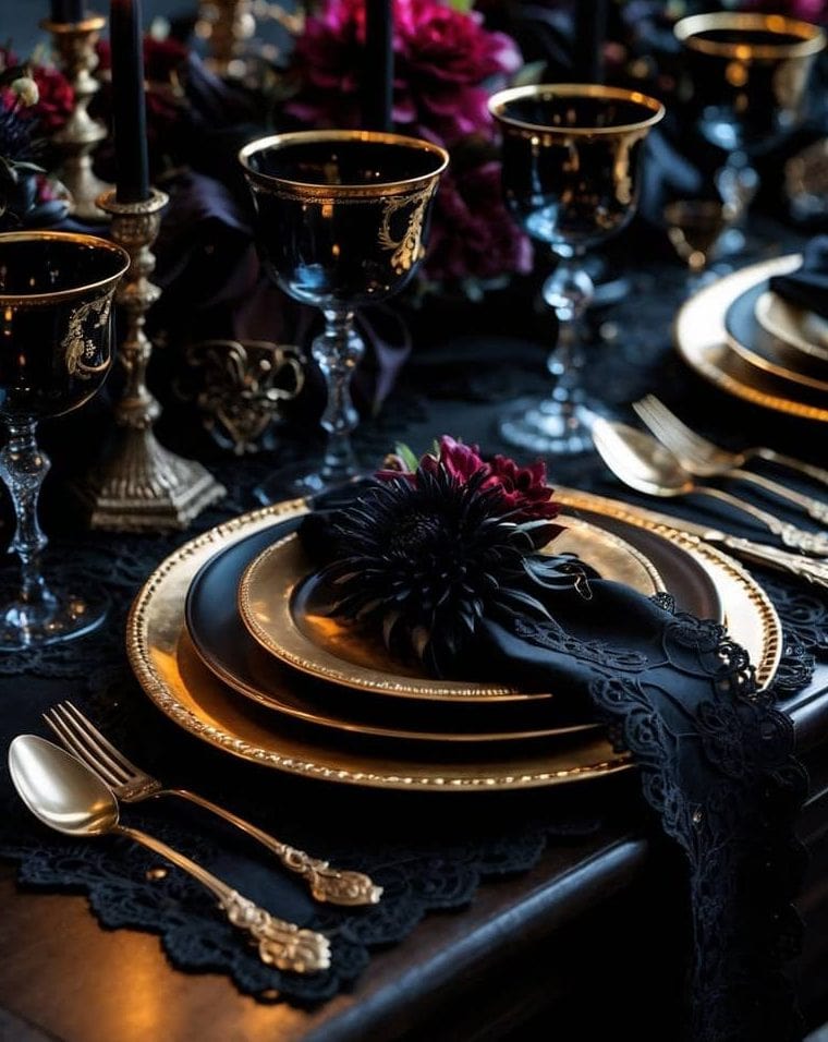 A formal dining table is set with black and gold plates, black candles, gold cutlery, dark flowers, and ornate glassware, creating an elegant and dramatic atmosphere.