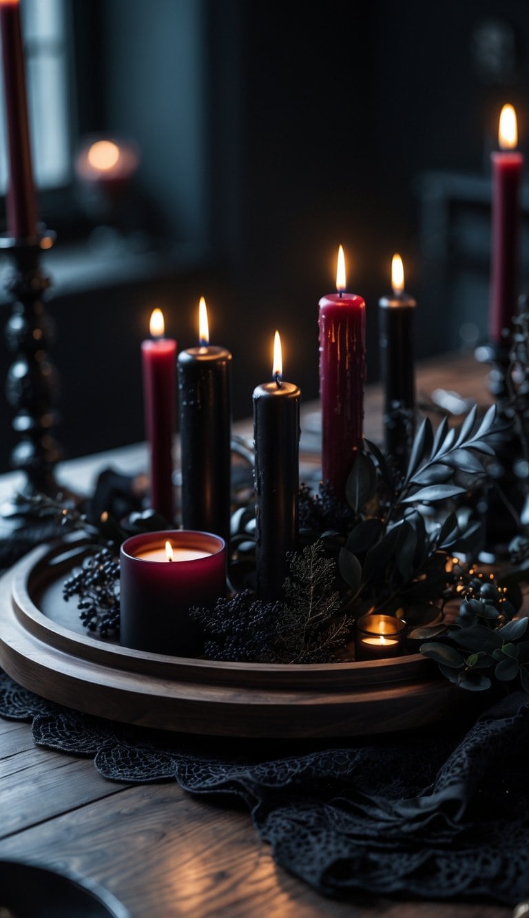 A dark wood serving tray on a wooden table holding lit black and red candles surrounded by dark foliage and fabric, creating a moody tablescape.