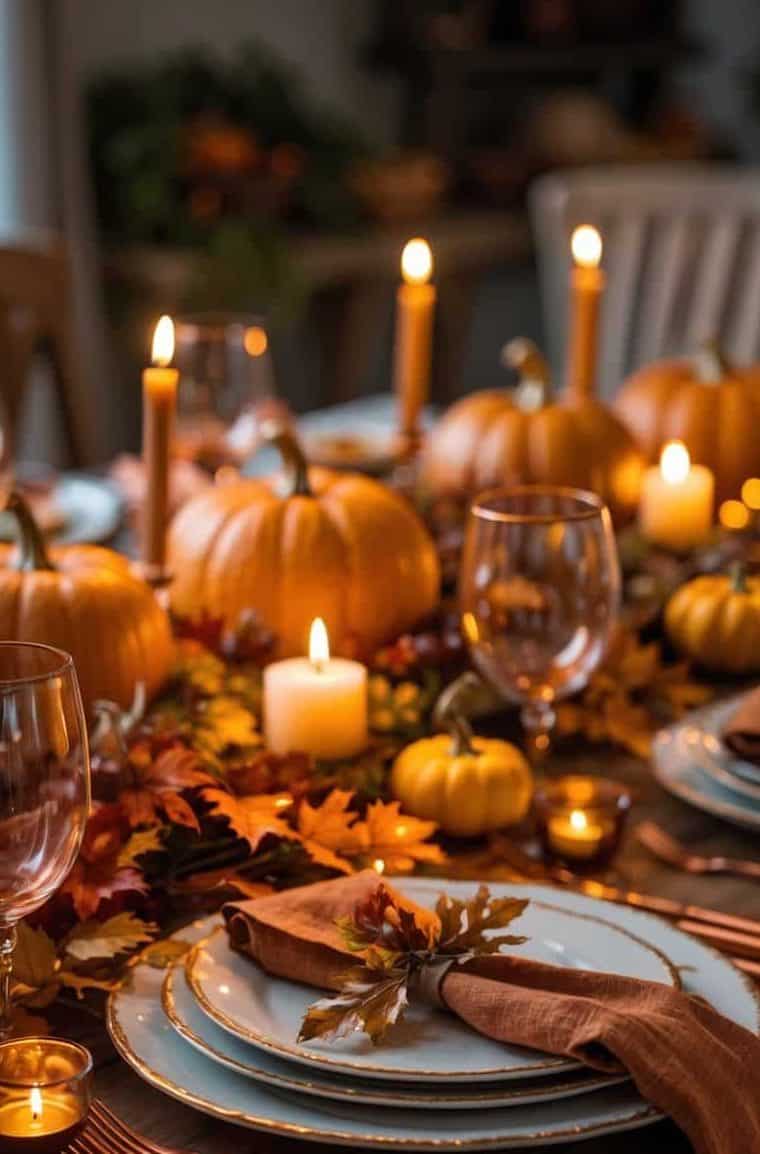A dining table set for autumn with pumpkins, candles, leaves, and orange napkins, creating a festive and warm atmosphere.