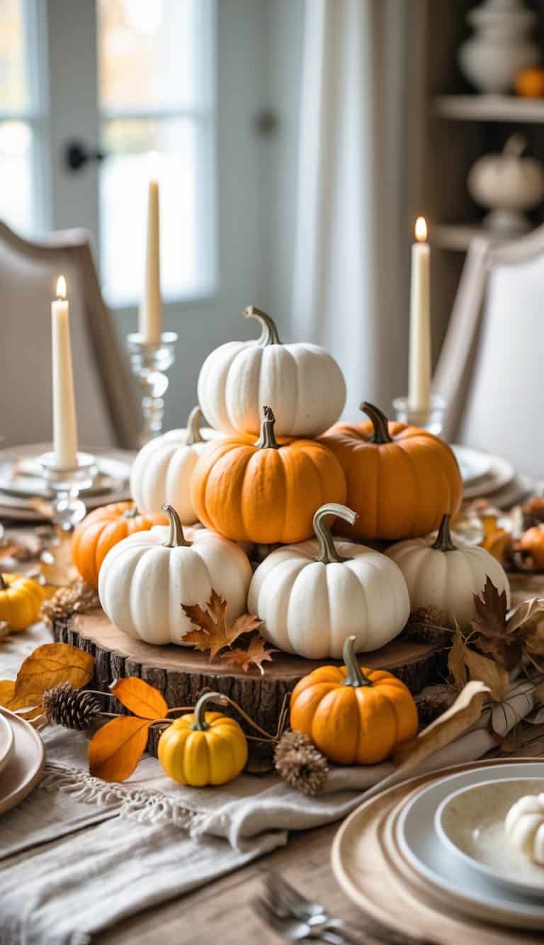 A cluster of white and orange mini pumpkins arranged on a wooden table with autumn decorations and candles.