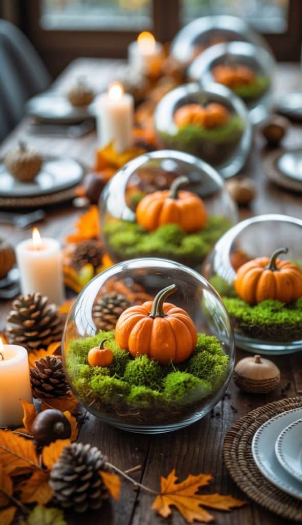 A wooden table set for fall, decorated with glass bowls containing small pumpkins and moss, surrounded by pinecones, autumn leaves, and lit candles.