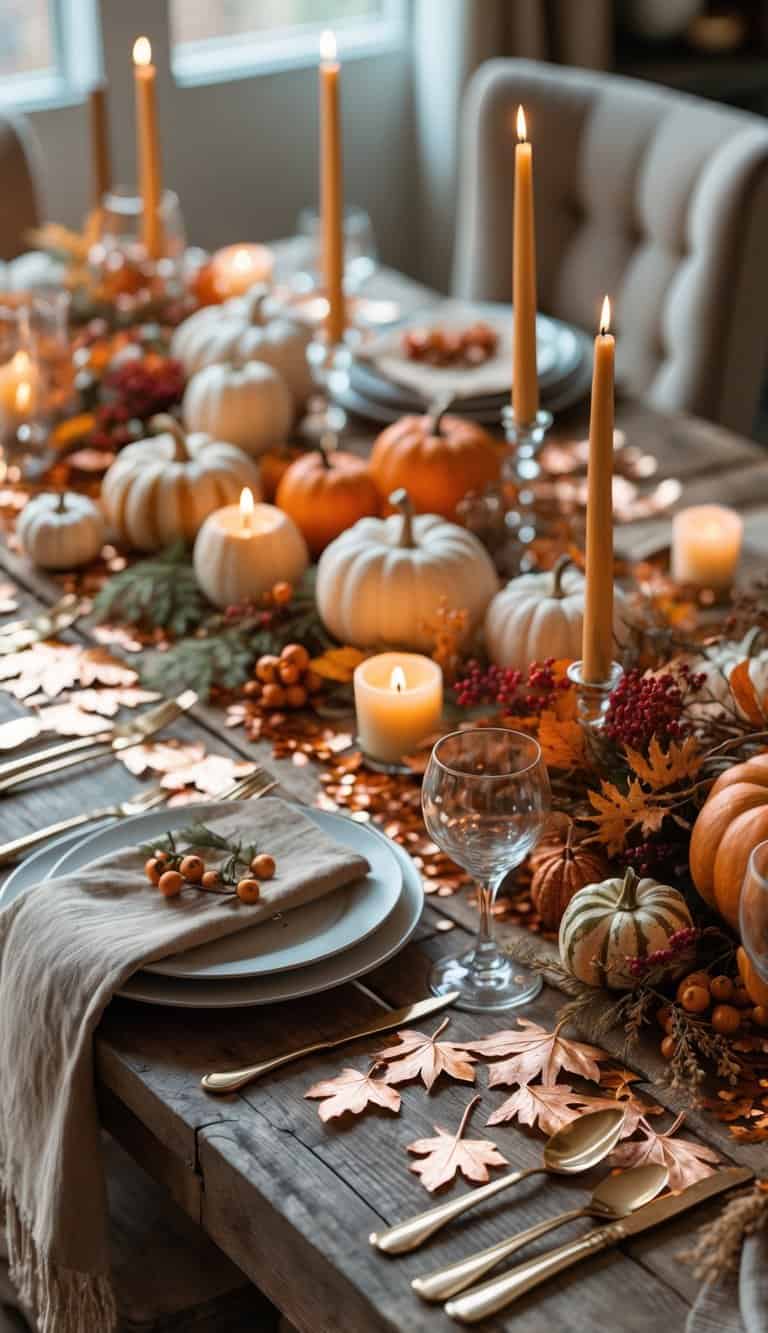 A Friendsgiving dining table decorated with copper leaf confetti, pumpkins, candles, and autumn foliage.