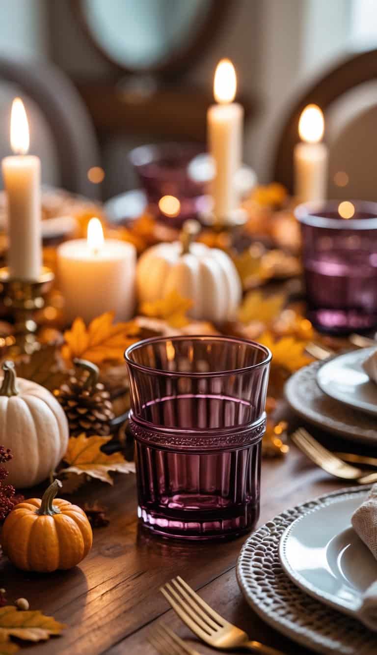 A dining table set for Friendsgiving with deep burgundy glass tumblers, autumn decorations, plates, and candles.