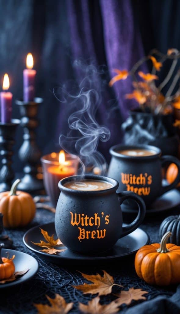 Two black mugs labeled "Witch’s Brew" with steaming drinks sit on plates, surrounded by candles, small pumpkins, and autumn leaves on a dark, festive table setting.