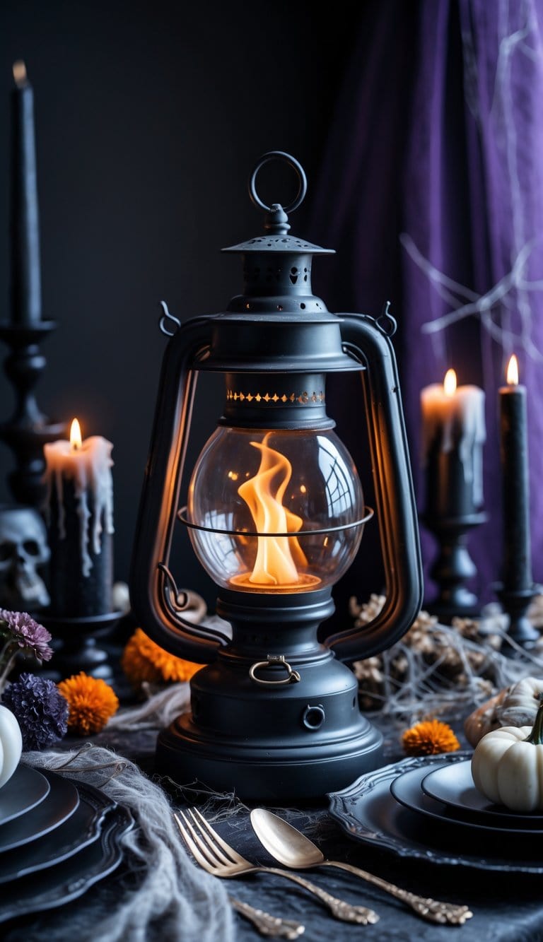 An antique lantern with a flickering LED flame surrounded by spooky table decorations including candles, cobwebs, and dried flowers.