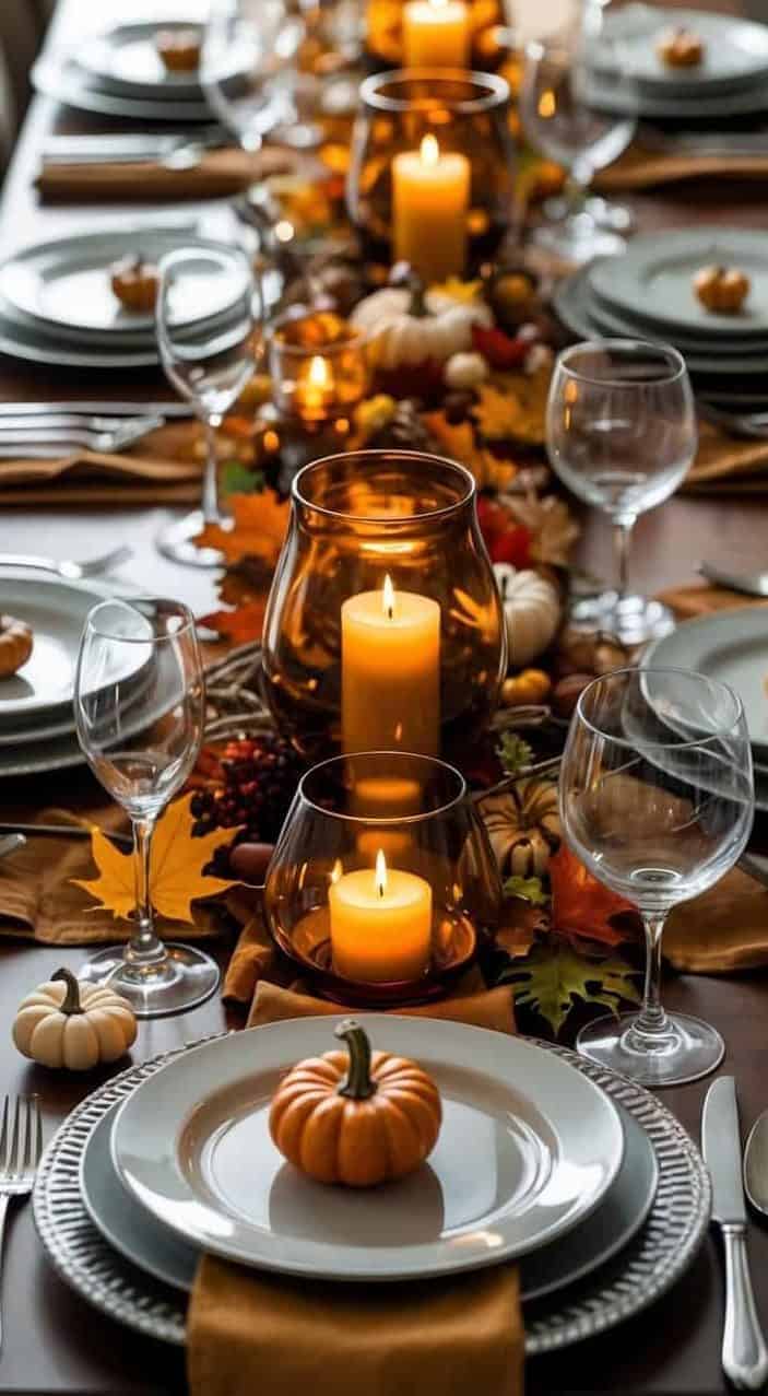 A dining table set for a fall-themed meal with plates, glassware, candles, mini pumpkins, and autumn leaves as decorations.