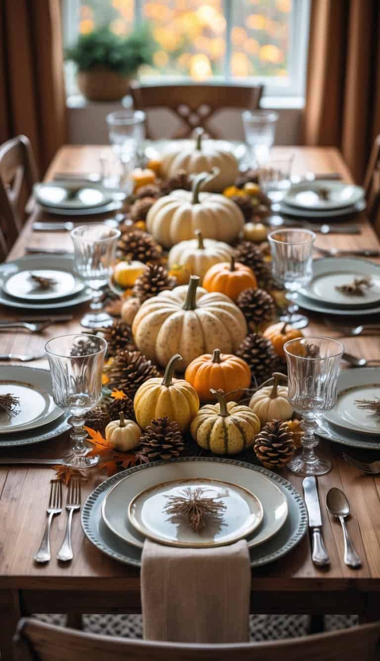 A dining table set with plates, glasses, cutlery, and decorated with gourds and pinecones scattered as natural fall decor.
