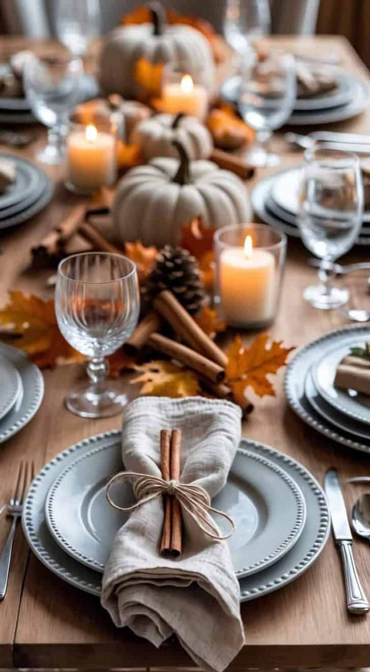 A wooden table set for a fall-themed meal with plates, napkins tied with cinnamon sticks, glassware, candles, and autumn decorations like pumpkins and leaves.