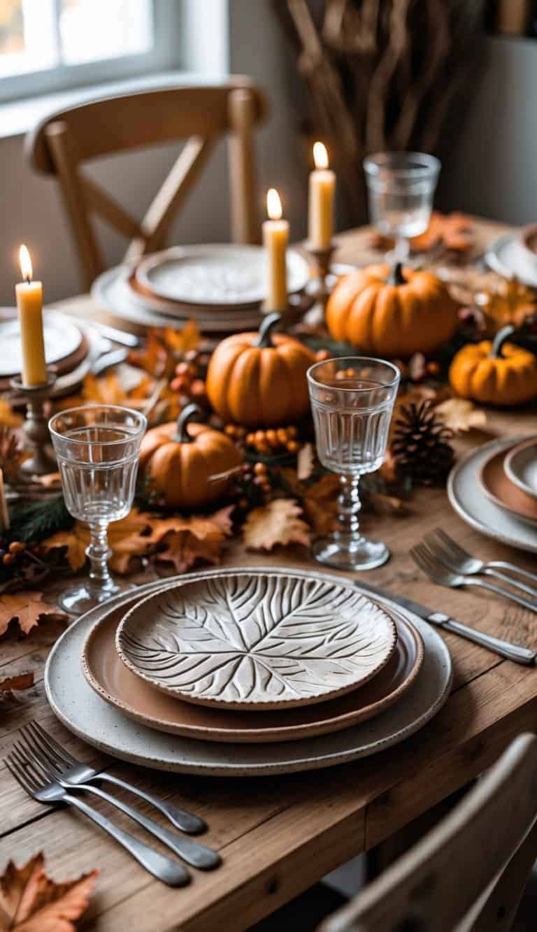 A dining table set with ceramic plates, glasses, and cutlery arranged for a fall dinner party.