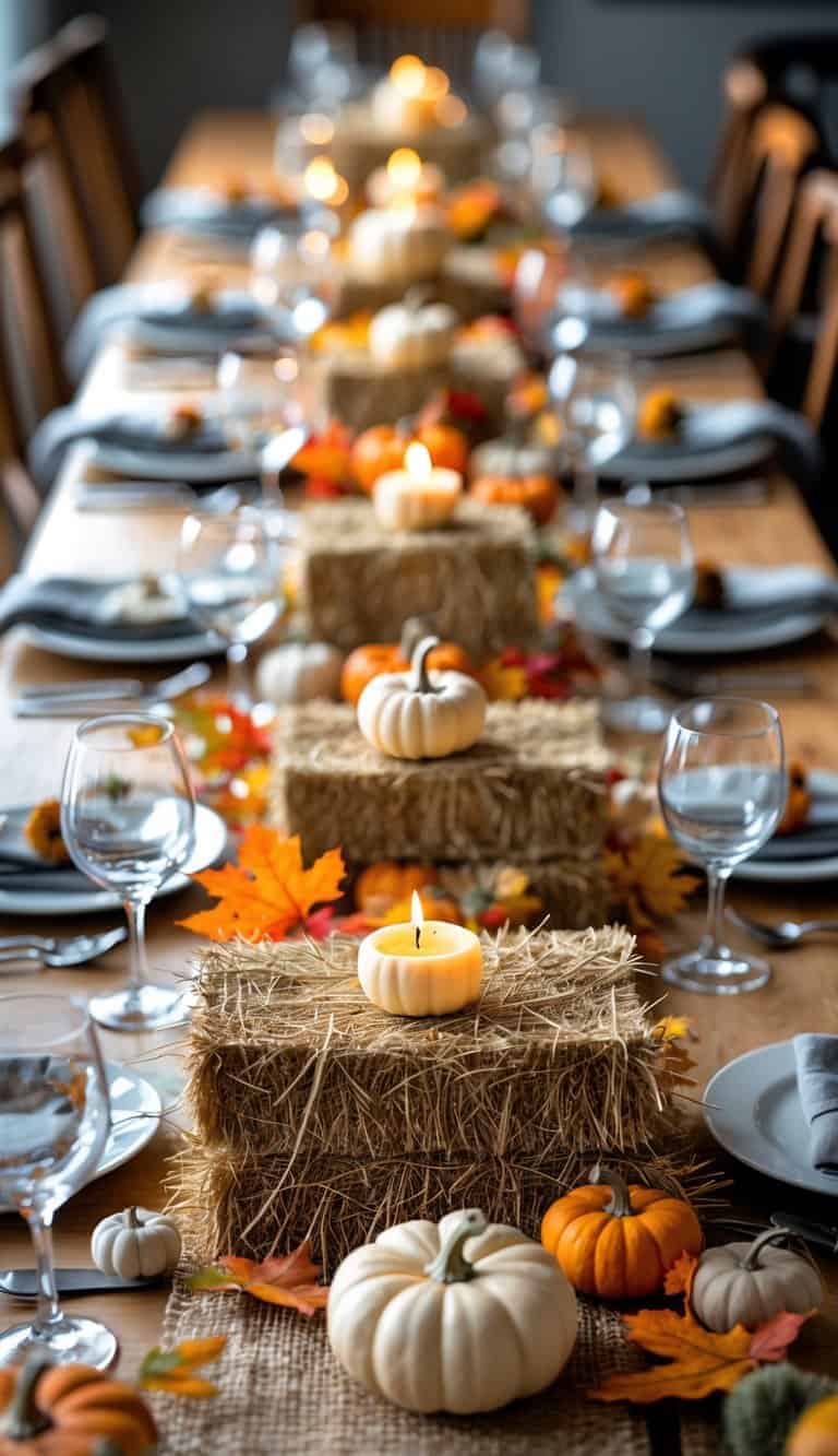 A dining table set for a fall dinner party with mini hay bales stacked as a centerpiece base, plates, glasses, and cutlery arranged on the table.