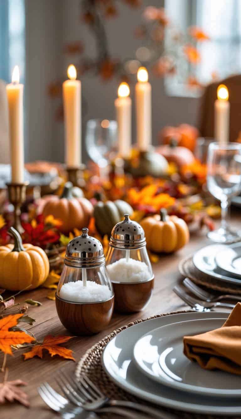 A dining table set for a fall dinner party with acorn-shaped salt and pepper shakers, plates, glasses, cutlery, and autumn decorations.