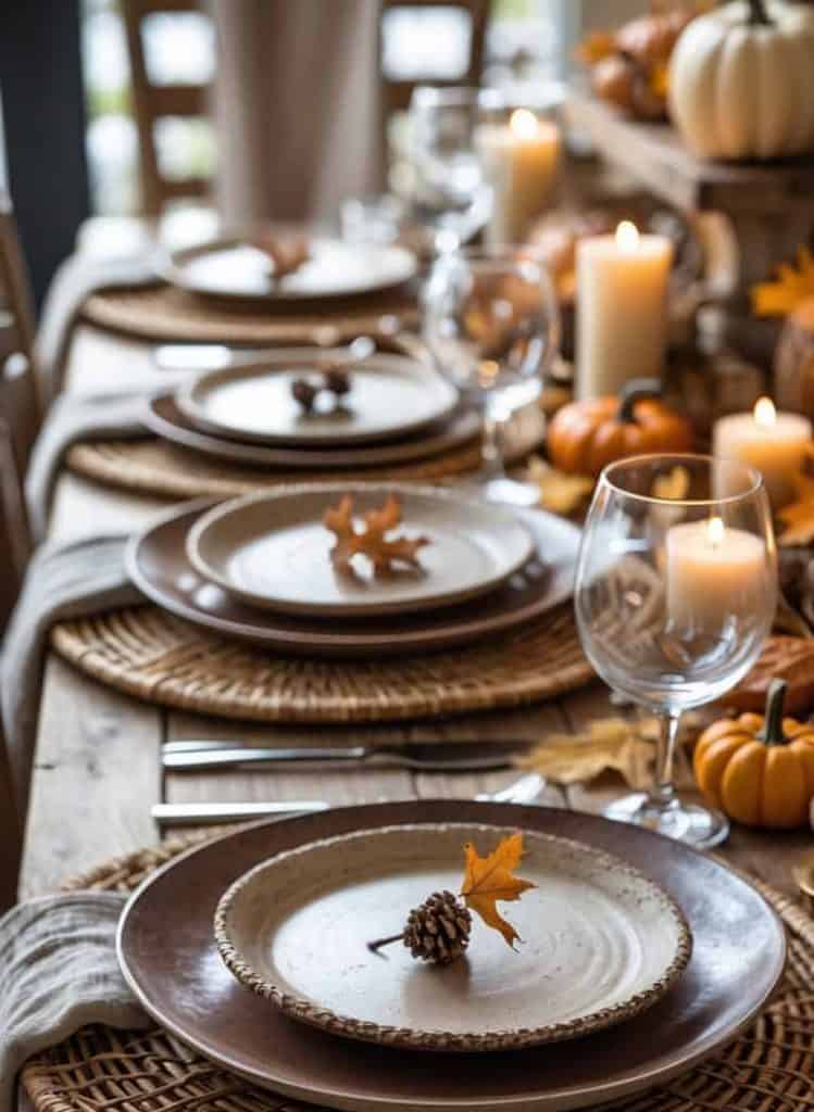 A rustic dining table set with plates, wine glasses, candles, and autumn-themed decorations including pinecones, leaves, and small pumpkins.