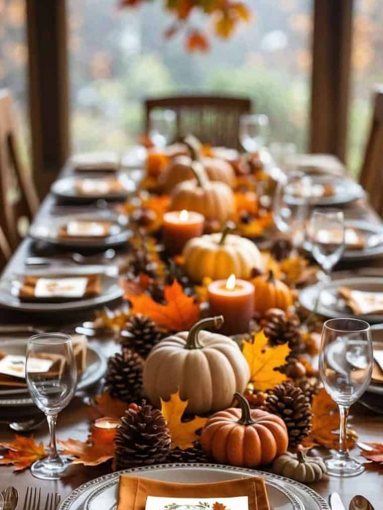 A wooden dining table set for a fall-themed meal, decorated with pumpkins, pinecones, autumn leaves, candles, and neatly arranged plates with orange napkins and place cards.