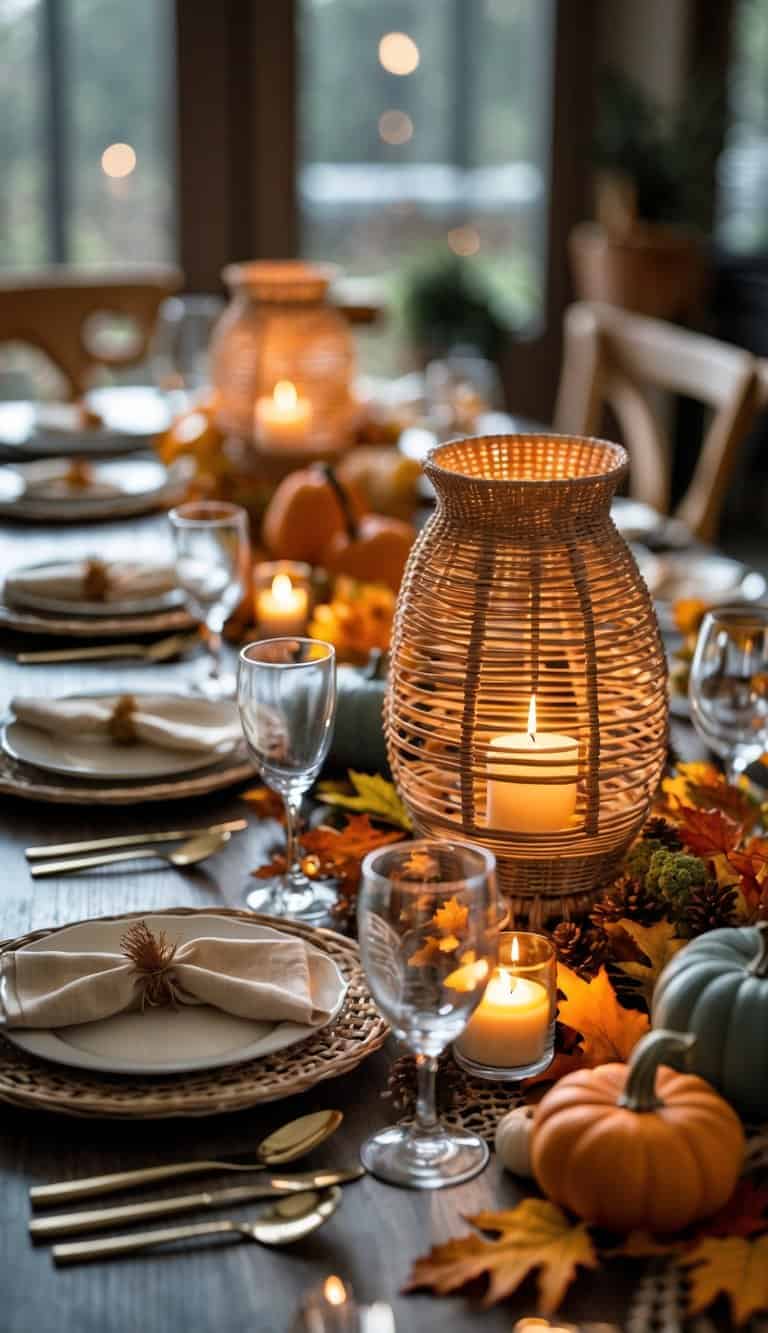 A dining table set with rattan candle holders holding LED candles, plates, glasses, and fall decorations.