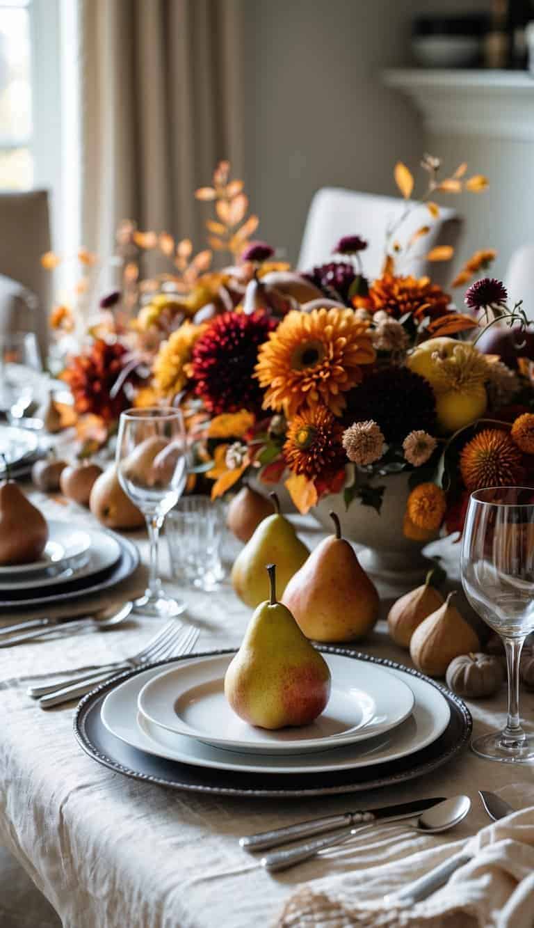 A dining table set with plates, glasses, cutlery, and a centerpiece of pears, figs, and autumn flowers.
