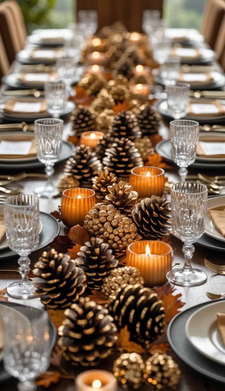 A dining table set with plates, glasses, cutlery, and gold-dipped pine cones arranged as a centerpiece.