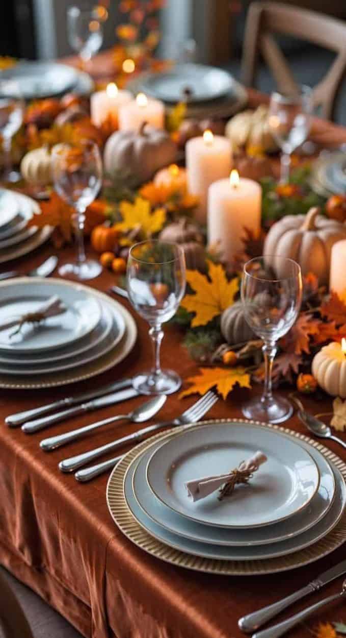 A dining table set for a fall gathering with stacked plates, silverware, wine glasses, candles, mini pumpkins, and autumn leaves as decoration.