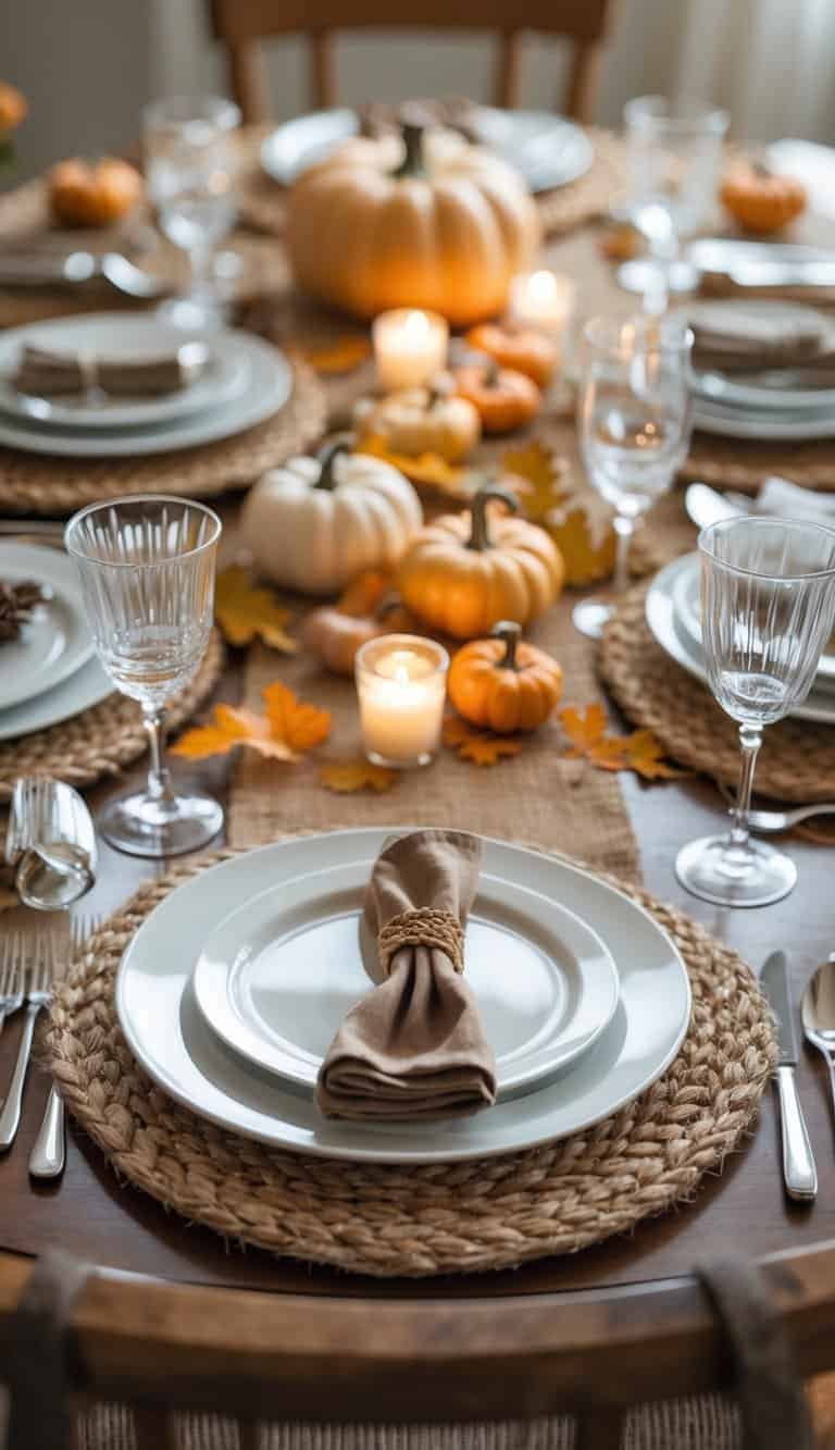 Dining table set with natural jute placemats, harvest flatware, plates, glasses, and autumn decorations.