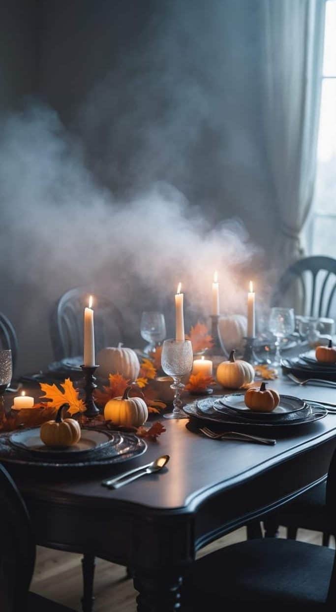 A dining table set with candles, glassware, plates, mini pumpkins, and autumn leaves, with mist or smoke in the background and light coming through a window.