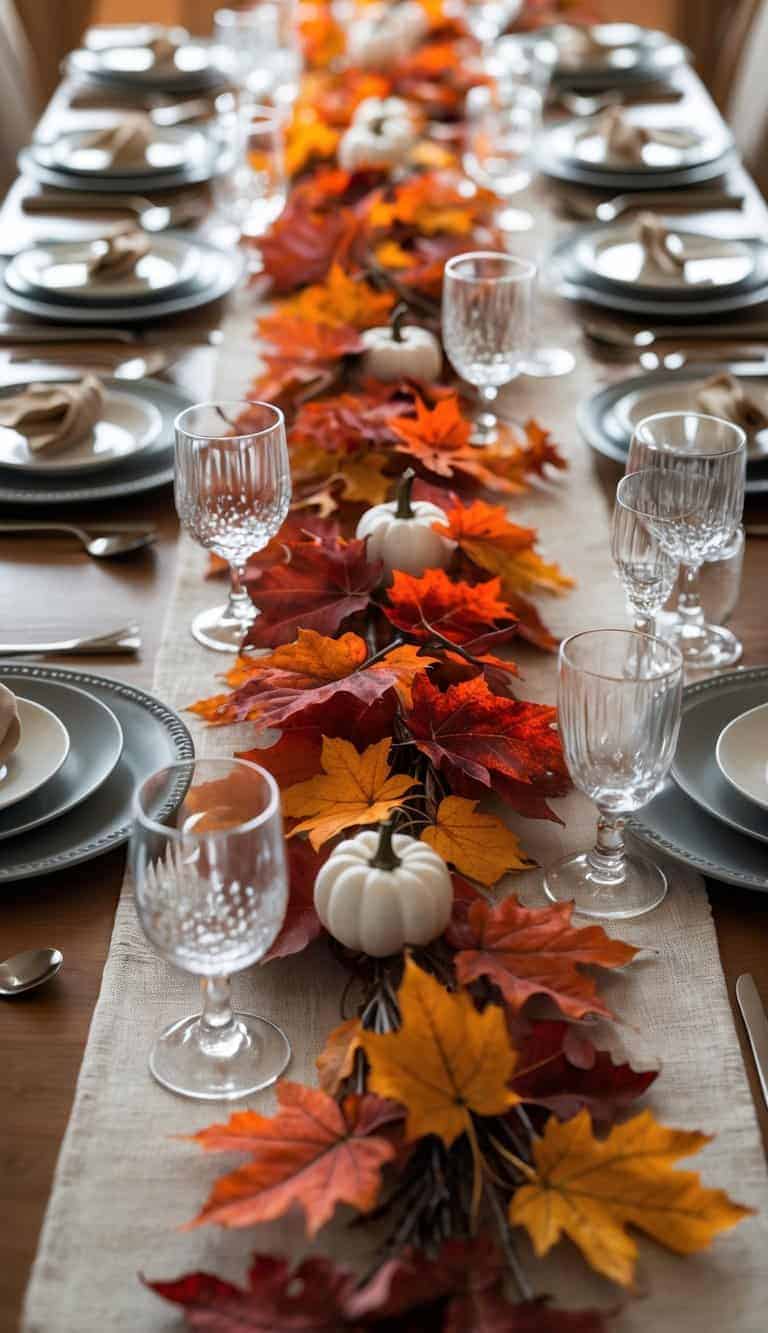 A dining table set with plates, glasses, cutlery, and fake autumn leaves scattered on a table runner.