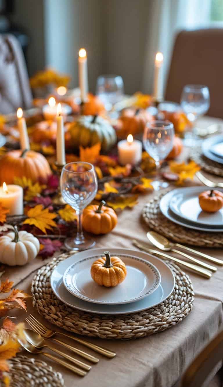 A dining table set with woven grass placemats, plates, glasses, and autumn decorations for a fall dinner party.
