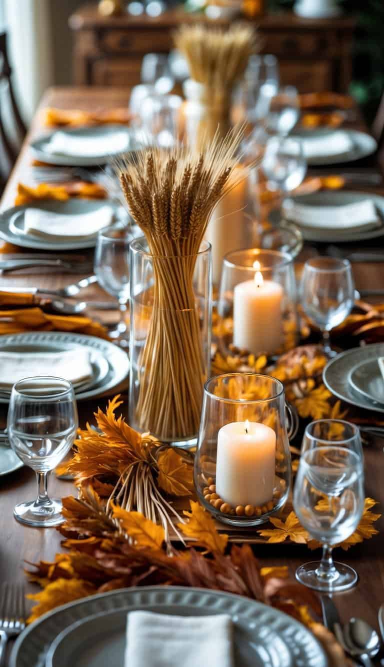 A dining table set with plates, glasses, cutlery, and pillar candles inside glass hurricanes filled with wheat stalks.